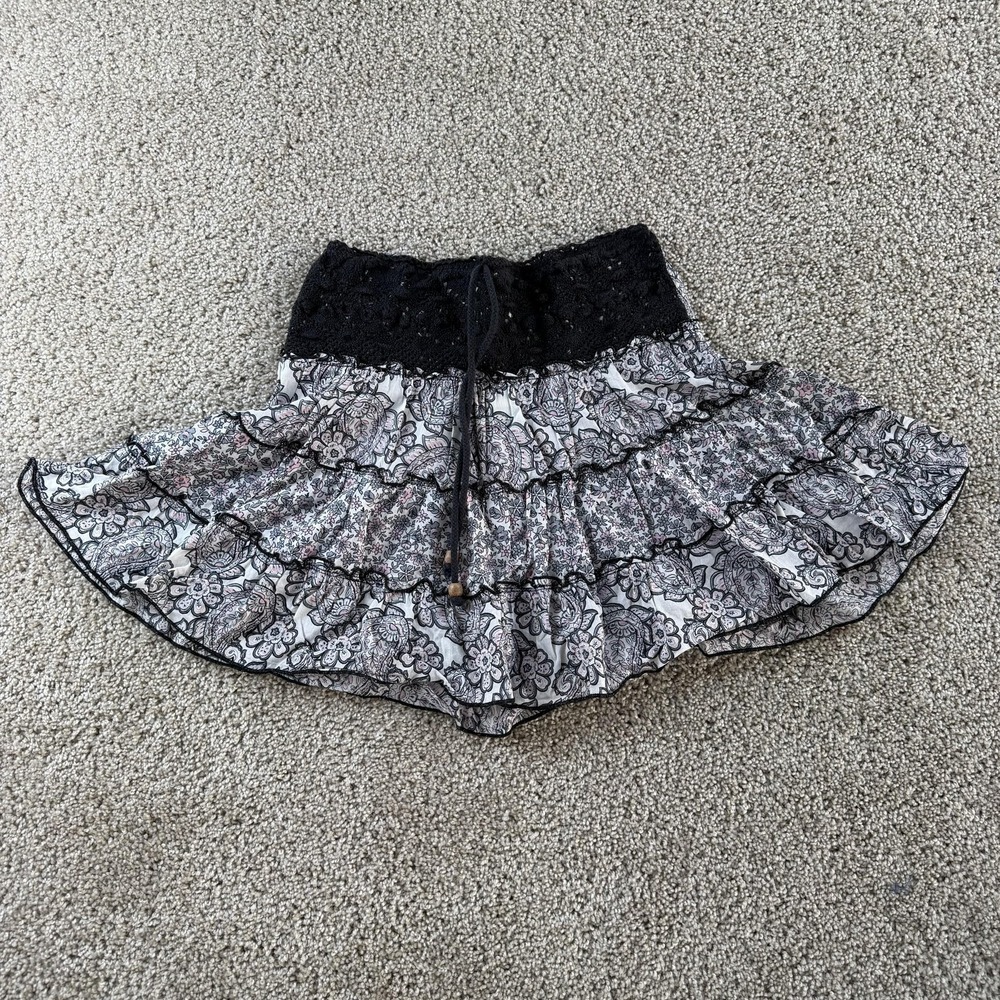 Fresh Brewed Skirt Girls Large Black Floral Ruffle Tiered Peasant Cotton Casual
